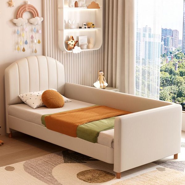 "Minimalist Lumber Standard Children Bed with Faux Leather Headboard, Footboard, Coir Mattress & Detachable Guardrails"