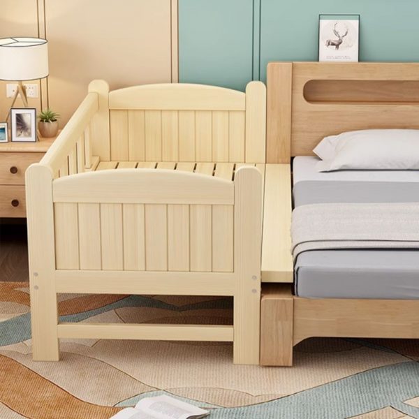 "Simplistic Natural Color Lumber Standard Kids Bed with Headboard, Footboard, Coir Mattress & Guardrail"