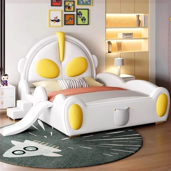 "Minimalist Lumber Standard Children Bed with Faux Leather, Headboard, Slide - Gender Neutral"