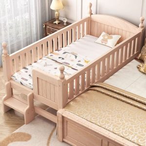 "Simple Natural Wood Standard Children Bed for Gender Neutral with Detachable Guardrails"