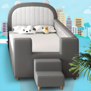 "Timber Standard Kids Bed with Leatherette Upholstery, Sponge Mattress, Headboard, Ladder, and Guardrail"