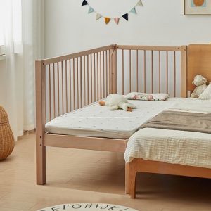 "Unfinished Color Simple Timber Standard Kids Bed with Cotton Upholstery, Latex Mattress, Headboard & Guardrail"