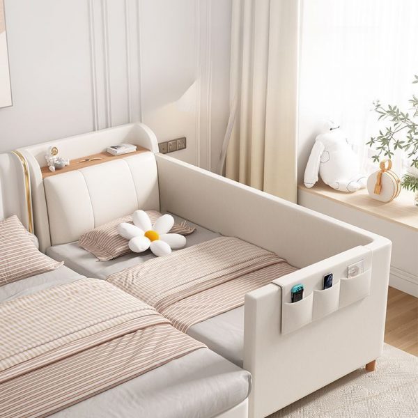 "Chalk Minimalist Lumber Standard Children Bed with Faux Leather, Coir Mattress, Storage in Headboard & Guardrail"