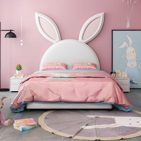 "Magenta Upholstered Platform Standard Kids Bed for Girl/Woman+ with Animal Theme Panel Headboard and Sponge Filling"